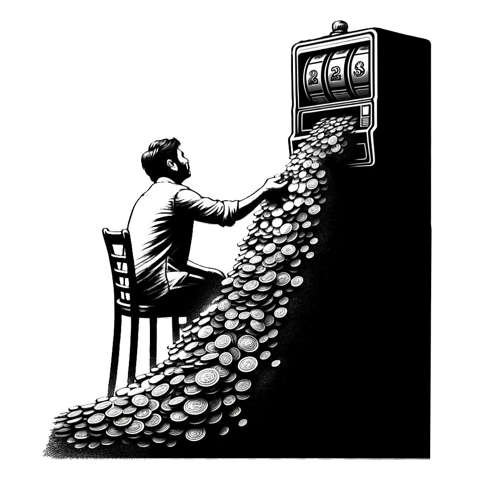 un dibujo de Un hombre recogiendo muchas monedas de una máquina tragamonedas. representando el tema de Privilegios en blanco y negro.