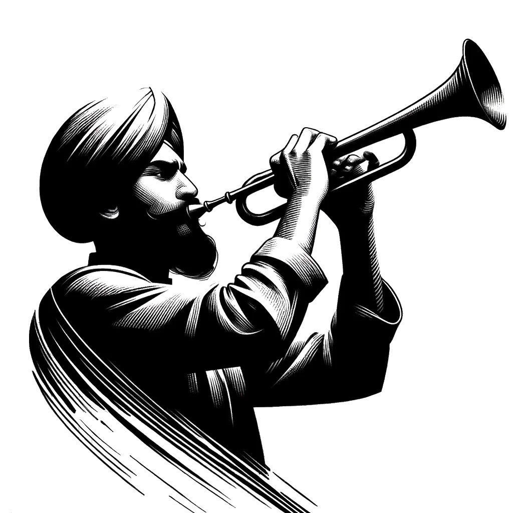 un dibujo de un hombre blanco tocando una corneta antigua representando el tema de Proclamación en blanco y negro.