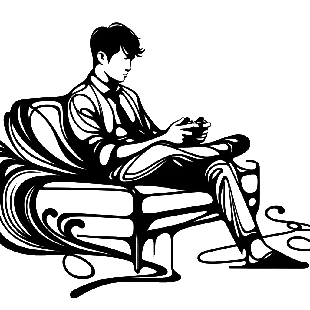 un dibujo de un hombre en un sofá jugando en una consola de videojuegos representando el tema de Procrastinación en blanco y negro.