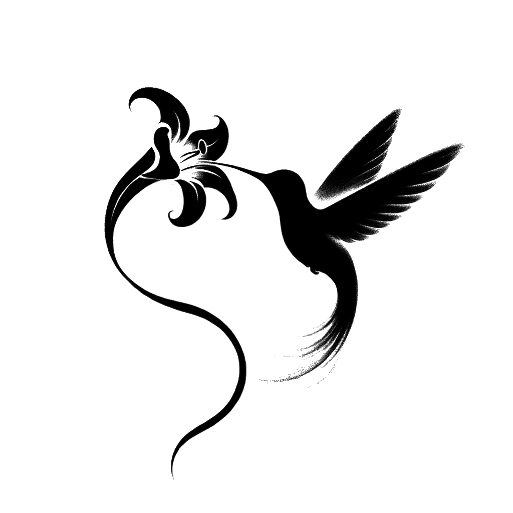un dibujo de Un colibrí recogiendo néctar de una flor de trompeta. representando el tema de Procreación en blanco y negro.