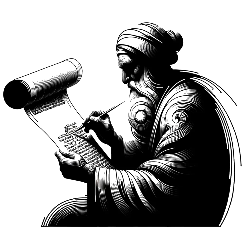 un dibujo de un anciano leyendo un pergamino representando el tema de Profecía en blanco y negro.