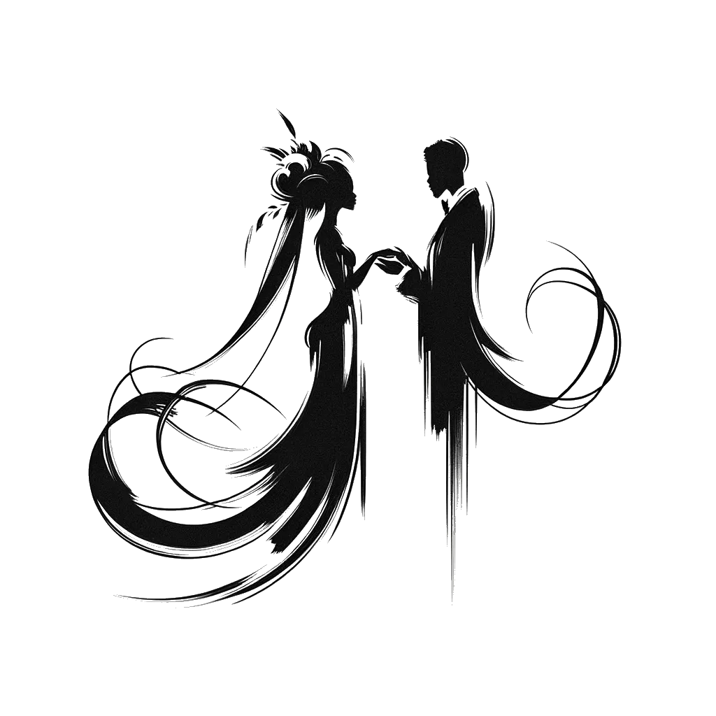 un dibujo de una novia y un novio frente a frente diciendo sus votos matrimoniales representando el tema de Promesas en blanco y negro.