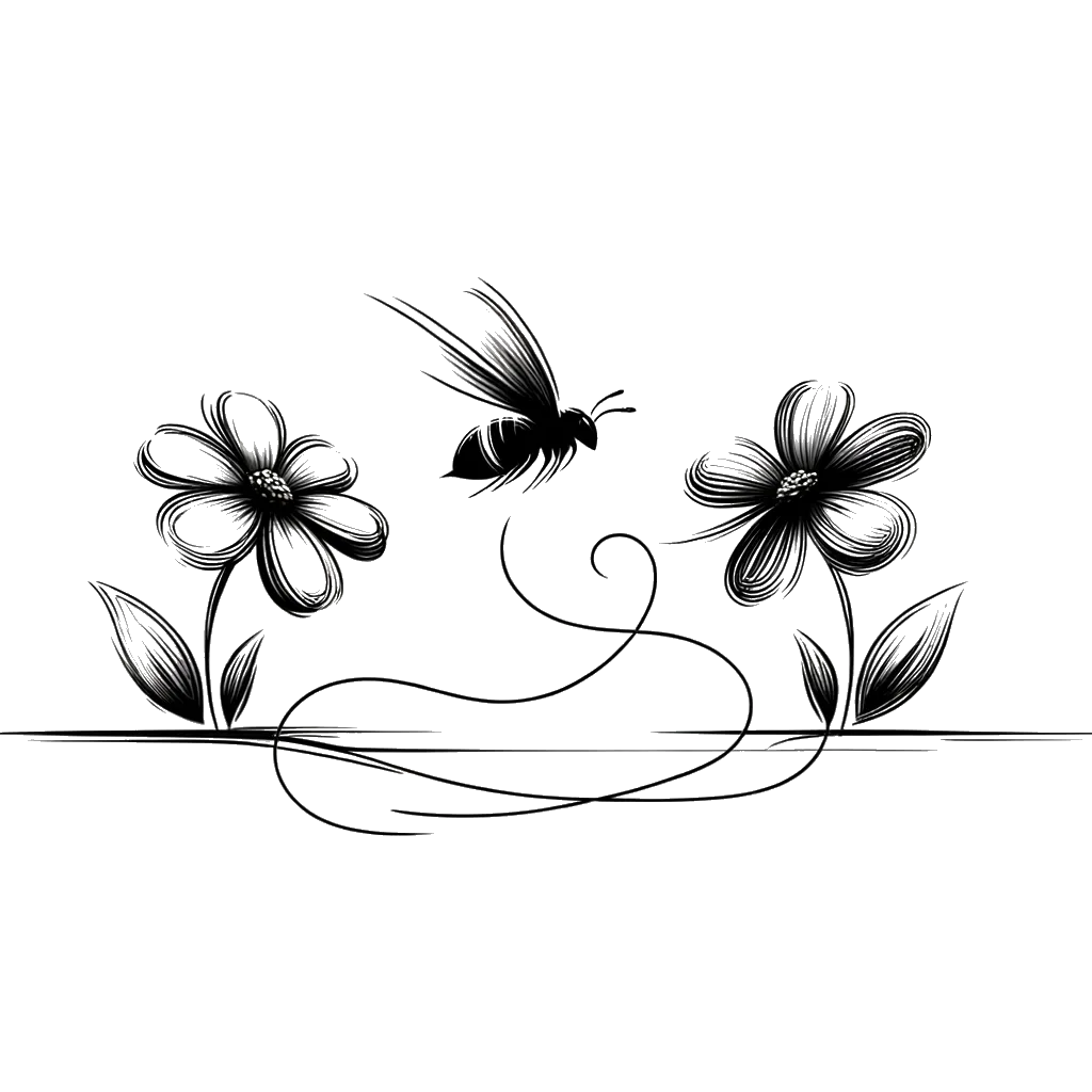 un dibujo de una abeja volando entre dos flores representando el tema de Promiscuidad en blanco y negro.