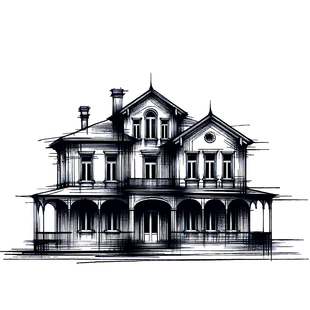 un dibujo de una casa georgiana representando el tema de Propiedad en blanco y negro.