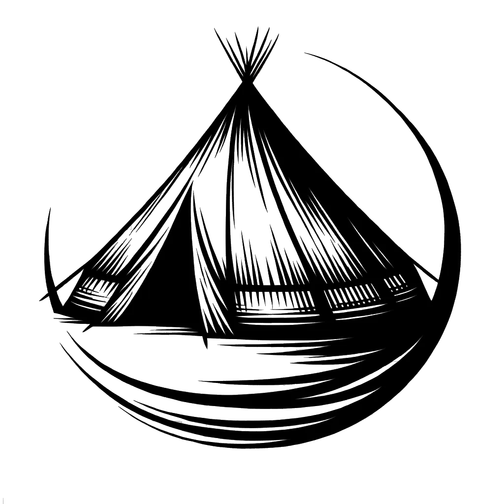 un dibujo de una tienda de campaña indígena americana representando el tema de Proporcionar Refugio en blanco y negro.