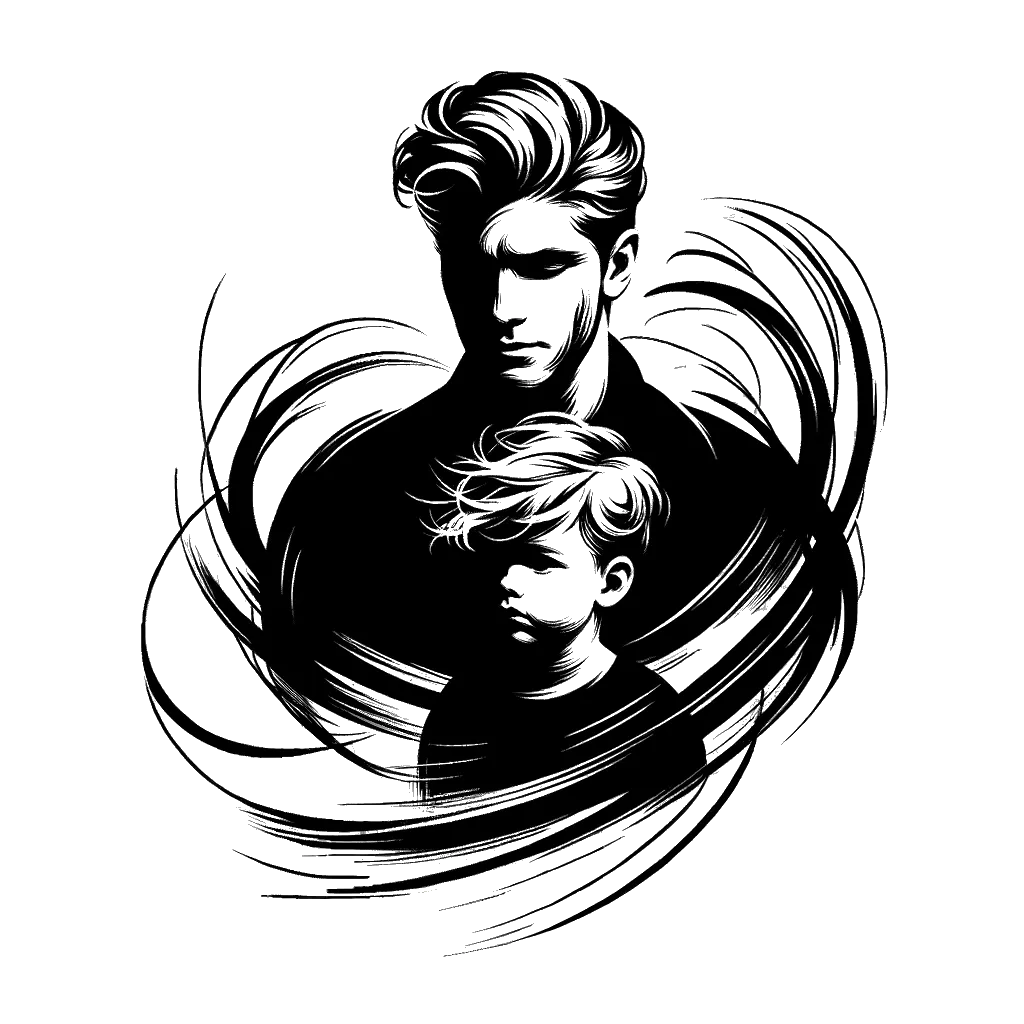 un dibujo de Un padre rubio estaba de pie con su hijo. representando el tema de Propósito en blanco y negro.