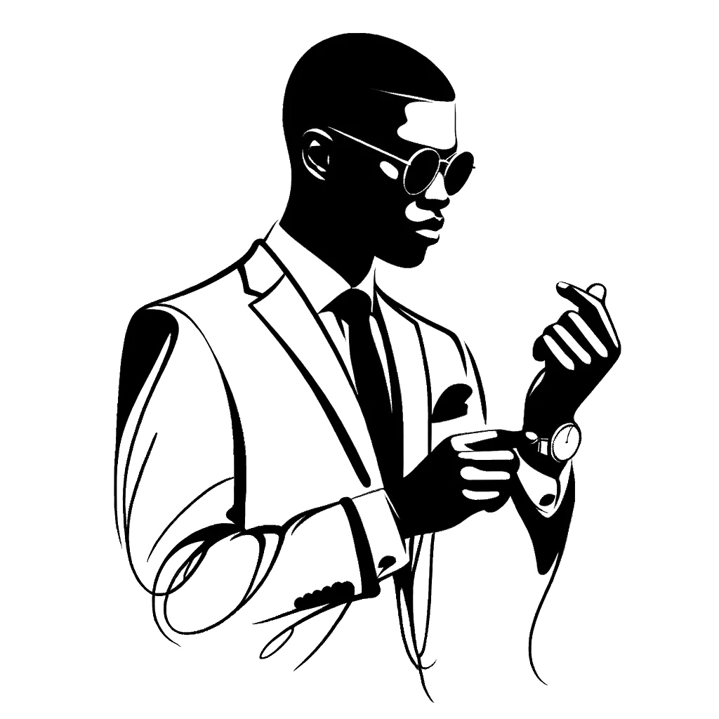 un dibujo de un hombre con un traje elegante y gafas de sol mirando su reloj representando el tema de Prosperidad en blanco y negro.