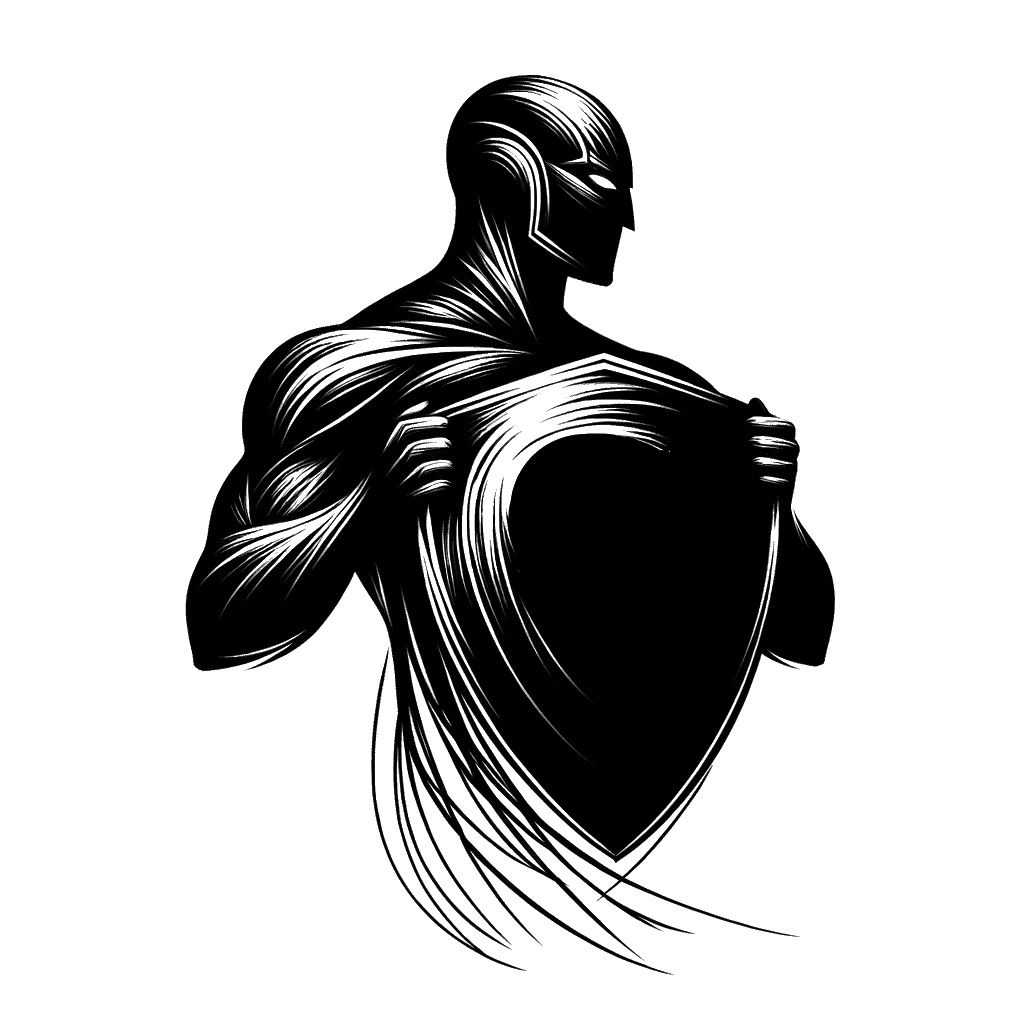 un dibujo de un superhéroe usando su escudo protector representando el tema de Proteccion en blanco y negro.