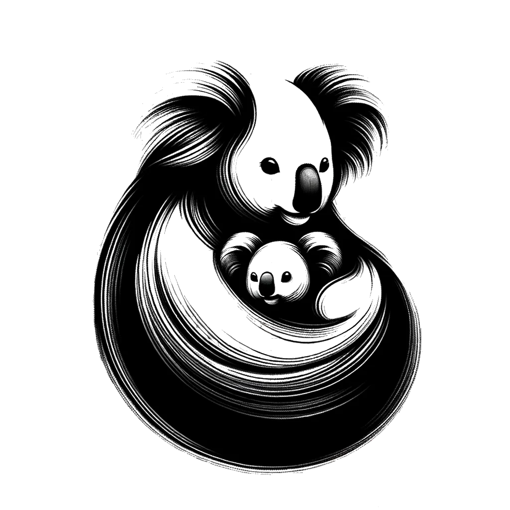 un dibujo de una madre koala con su cría representando el tema de Protegiendo en blanco y negro.