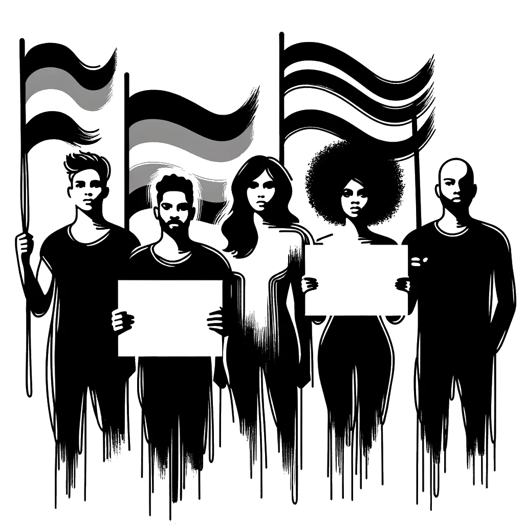 un dibujo de personas protestando sosteniendo pancartas representando el tema de Protestas en blanco y negro.