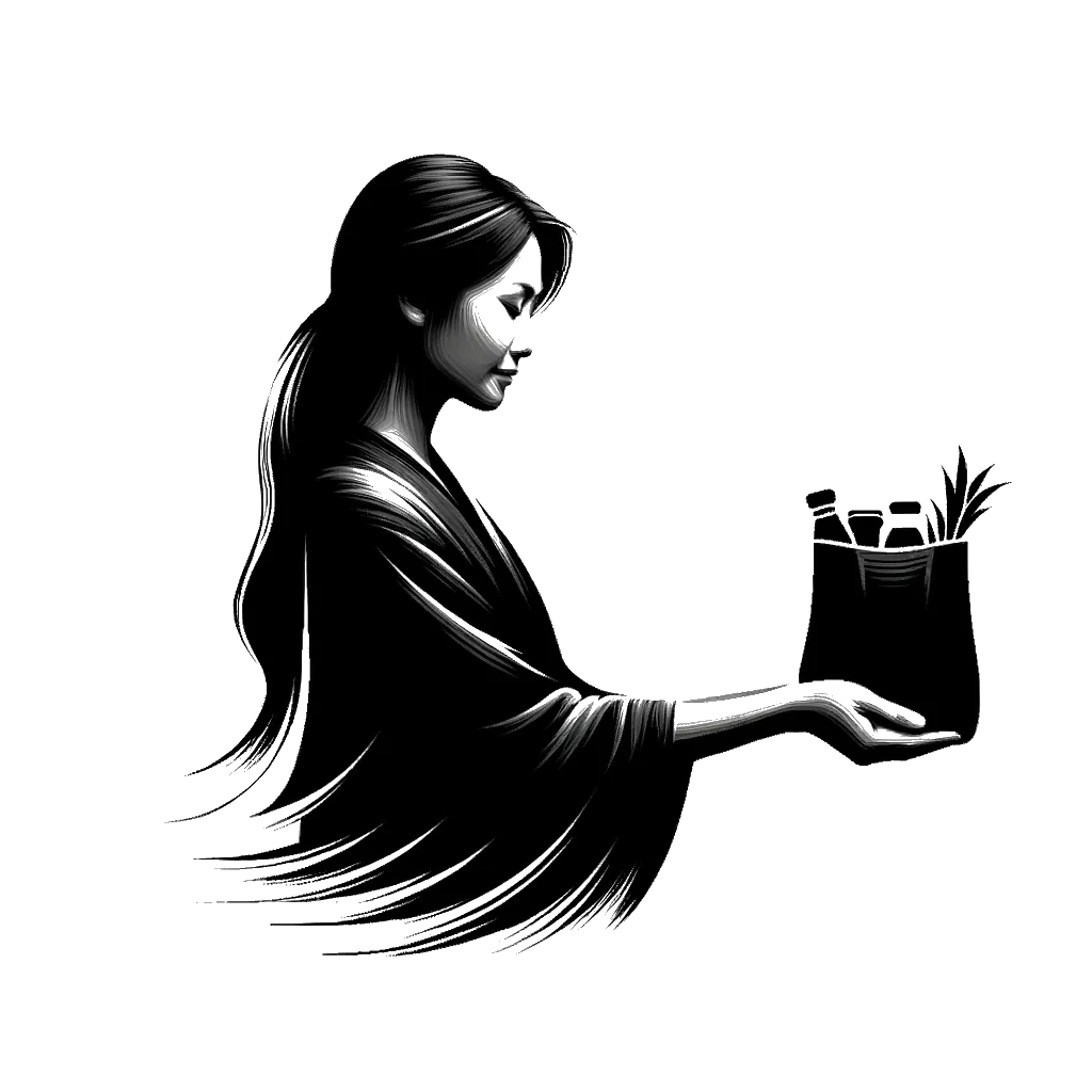 un dibujo de una mujer repartiendo bolsas de alimentos representando el tema de Proveer en blanco y negro.