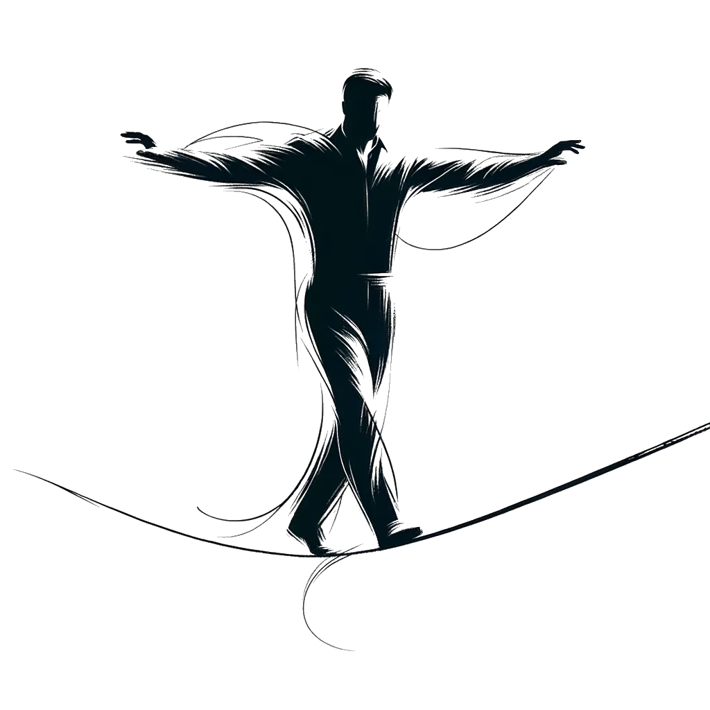 un dibujo de un hombre caminando por una cuerda floja con los brazos para mantener el equilibrio representando el tema de Pruebas en blanco y negro.