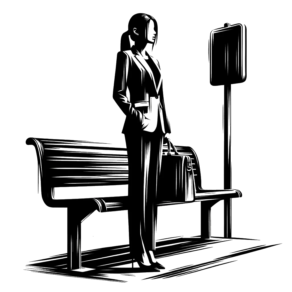 un dibujo de una mujer elegantemente vestida con un maletín estaba de pie en una parada de autobús representando el tema de Puntualidad en blanco y negro.