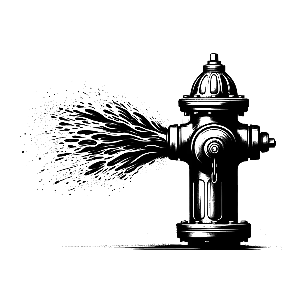 un dibujo de una boca de incendios en la carretera con agua saliendo a presión de ella representando el tema de Purgar en blanco y negro.