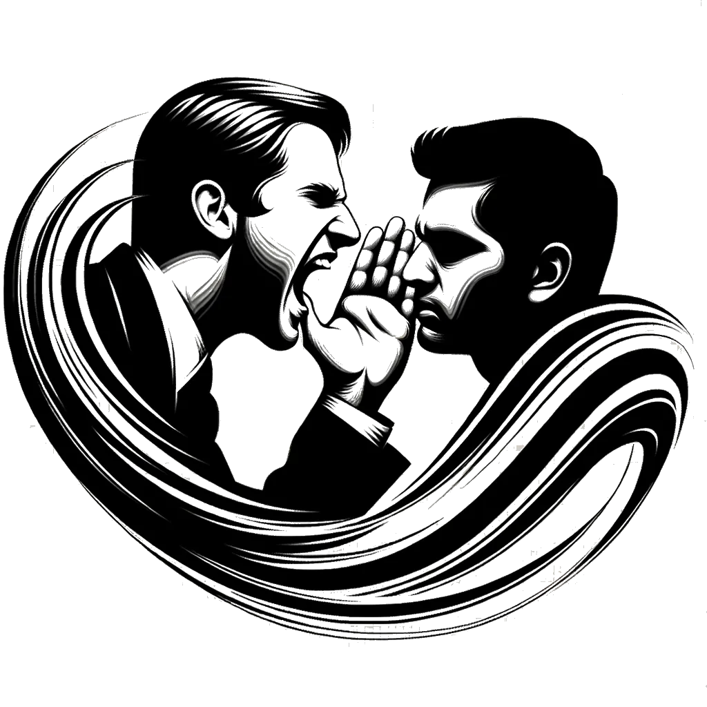 un dibujo de un hombre gritando en el oído de otro hombre representando el tema de Quejarse en blanco y negro.