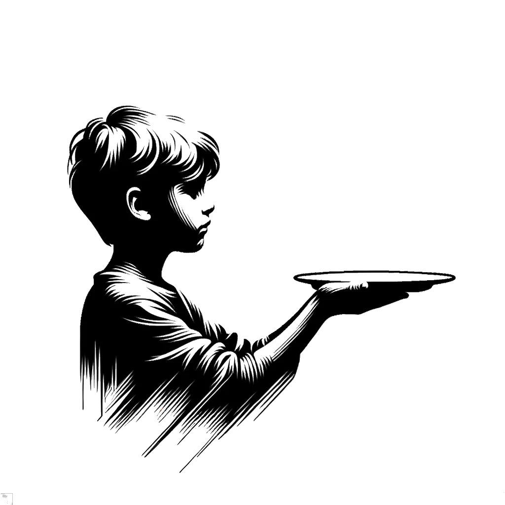 un dibujo de un niño sosteniendo un plato vacío representando el tema de Queriendo en blanco y negro.