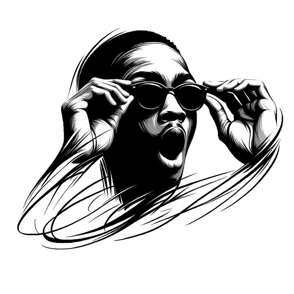 un dibujo de un hombre levantando sus gafas de sol con expresión de sorpresa representando el tema de Realidad en blanco y negro.