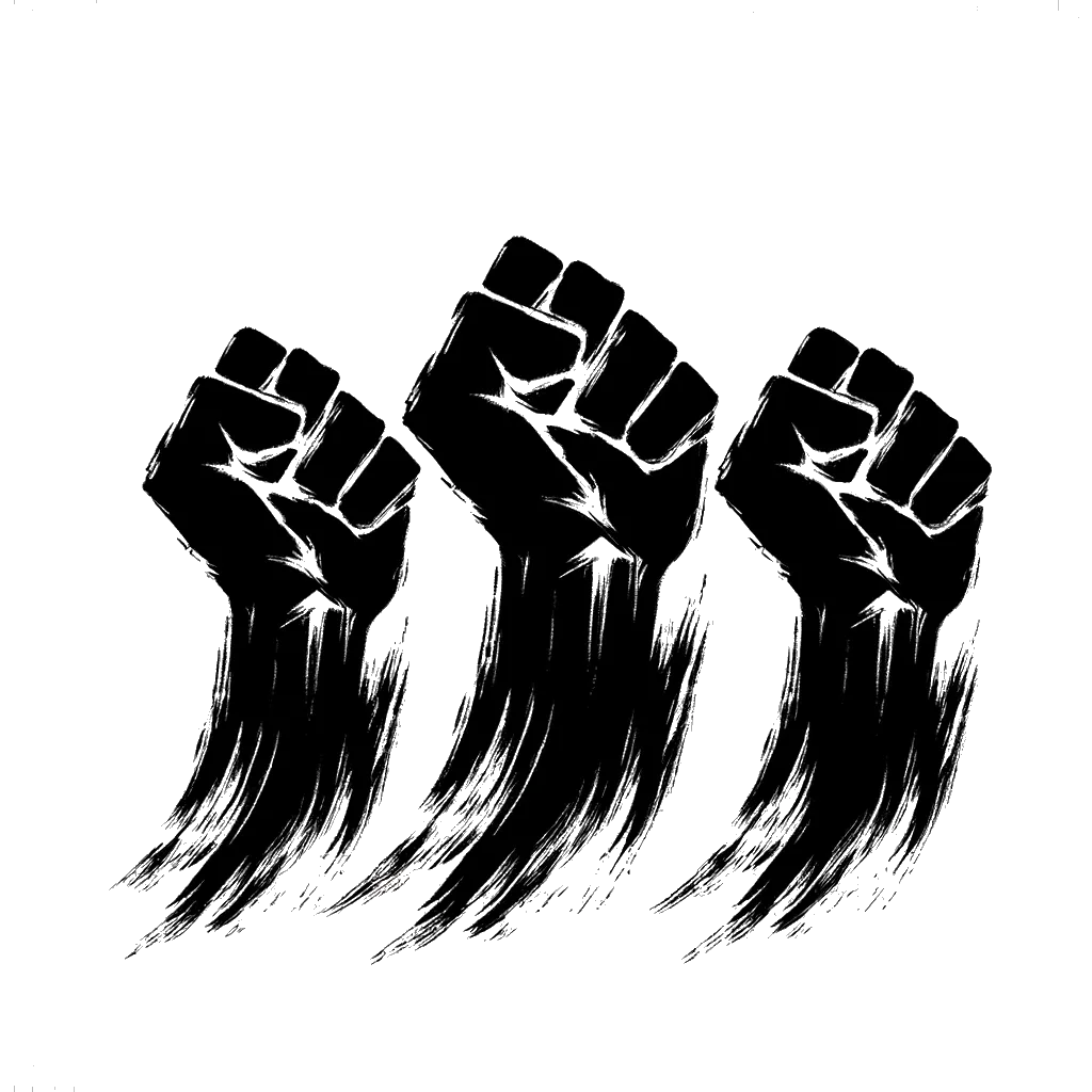 un dibujo de tres puños levantados representando el tema de Rebelión en blanco y negro.