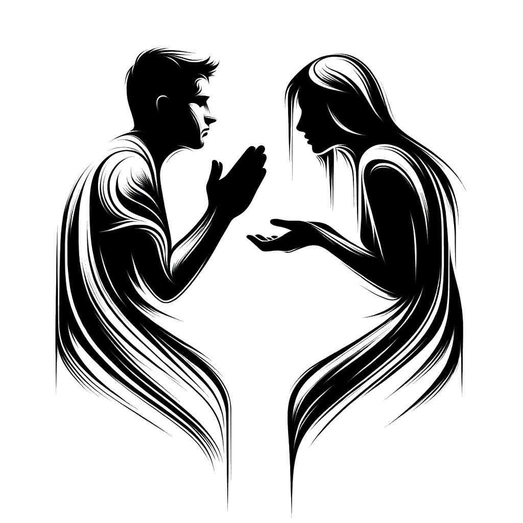 un dibujo de un joven hombre blanco suplicando a una joven mujer blanca con los brazos cruzados representando el tema de Rechazo en blanco y negro.