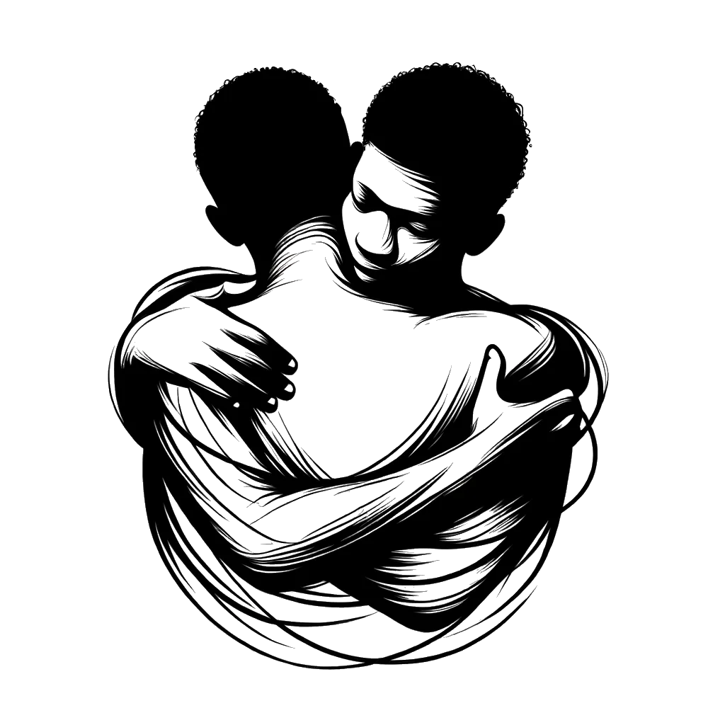 un dibujo de dos hermanos abrazándose representando el tema de Reconciliación en blanco y negro.
