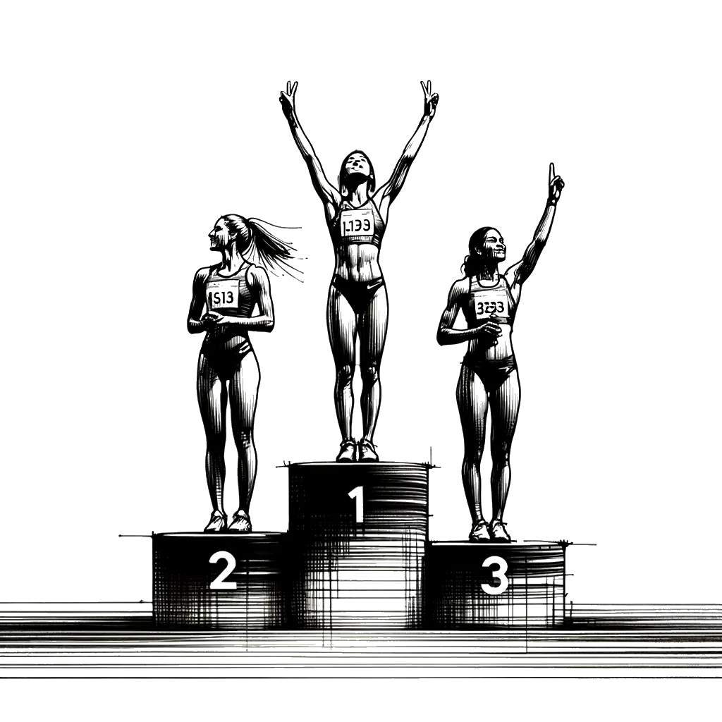 un dibujo de Tres atletas femeninas en el podio de ganadoras donde la ganadora tiene los brazos levantados en señal de victoria. representando el tema de Reconocimiento en blanco y negro.