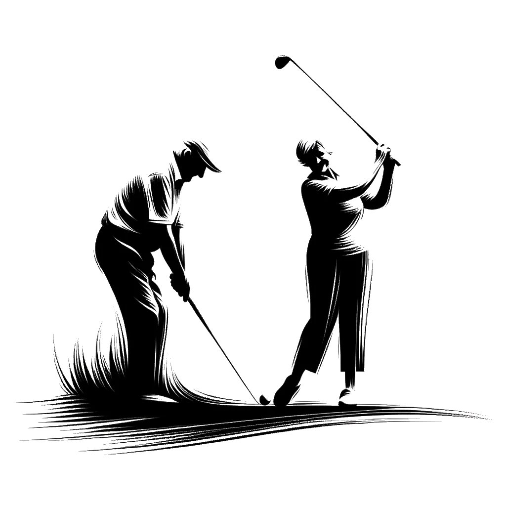 un dibujo de una pareja de ancianos blancos jugando al golf representando el tema de Recreación en blanco y negro.