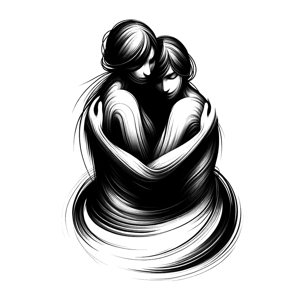 un dibujo de dos hermanas blancas abrazándose representando el tema de Redención en blanco y negro.