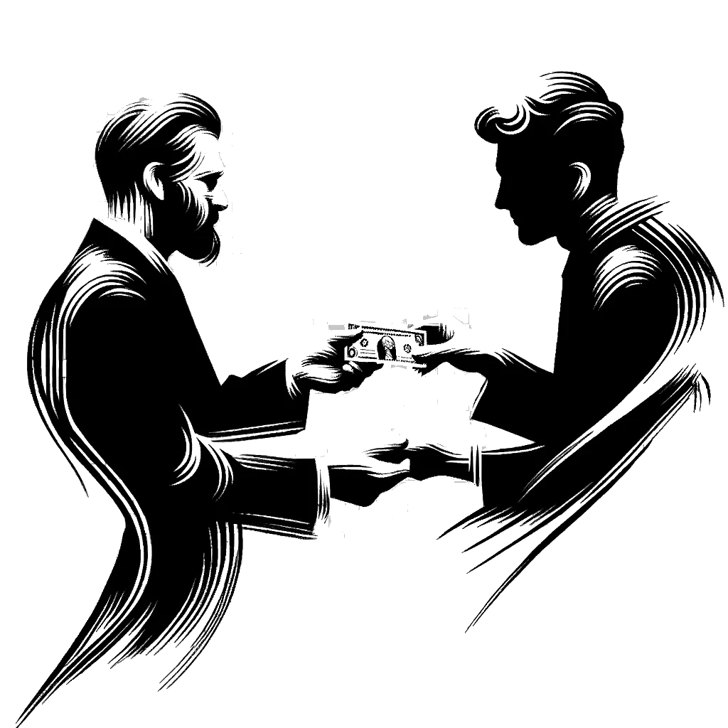 un dibujo de un hombre blanco entregando dinero en efectivo a otro hombre blanco representando el tema de Reembolso en blanco y negro.