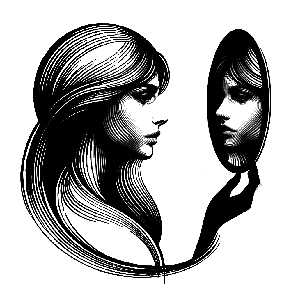 un dibujo de una mujer blanca mirándose en el espejo a su reflejo representando el tema de Reflejo en blanco y negro.