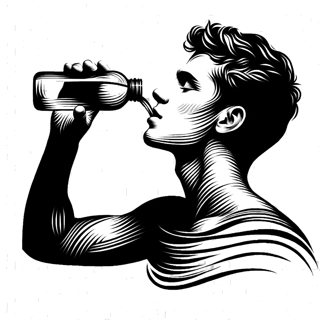un dibujo de un joven hombre blanco bebiendo agua representando el tema de Refrescante en blanco y negro.