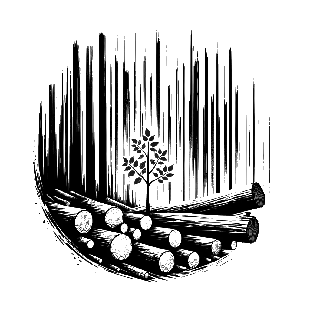 un dibujo de plantones plantados entre árboles talados representando el tema de Regeneración en blanco y negro.