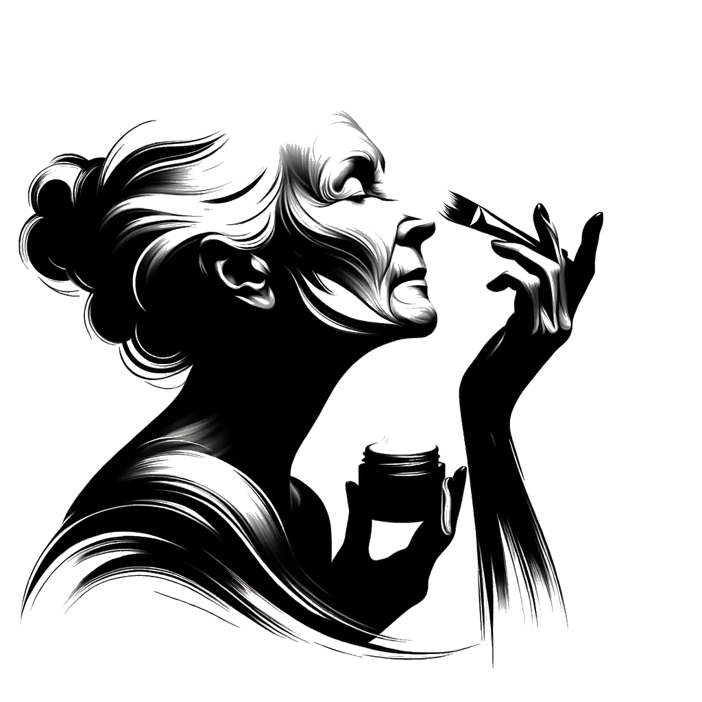 un dibujo de una anciana blanca aplicándose crema hidratante en el rostro representando el tema de Rejuvenecimiento en blanco y negro.