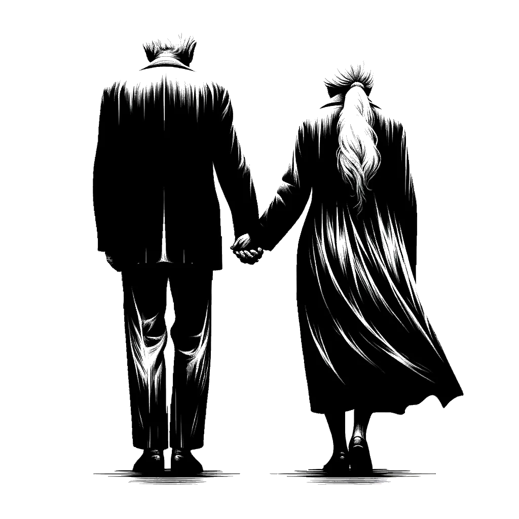 un dibujo de una pareja de ancianos blancos tomados de la mano por detrás representando el tema de Relación en blanco y negro.