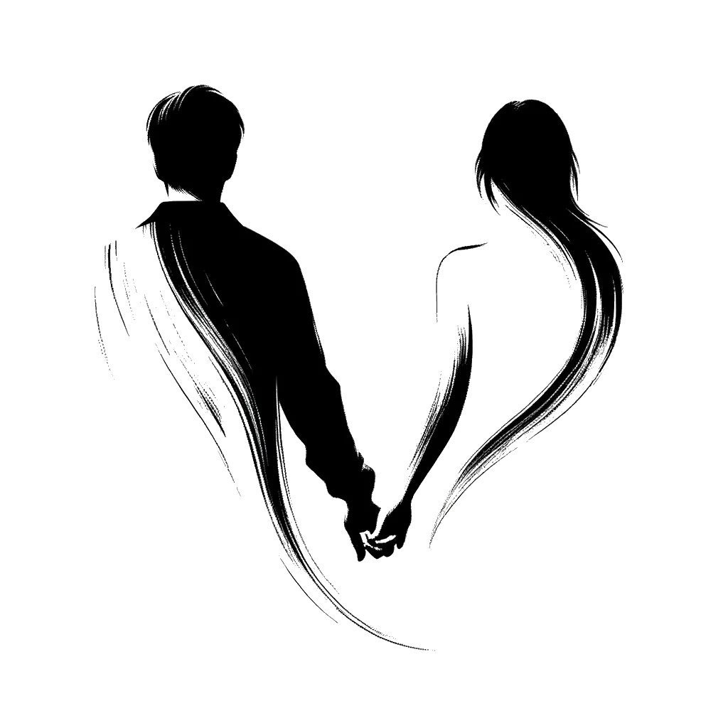 un dibujo de un hombre y una mujer tomados de la mano por detrás representando el tema de Relaciones en blanco y negro.
