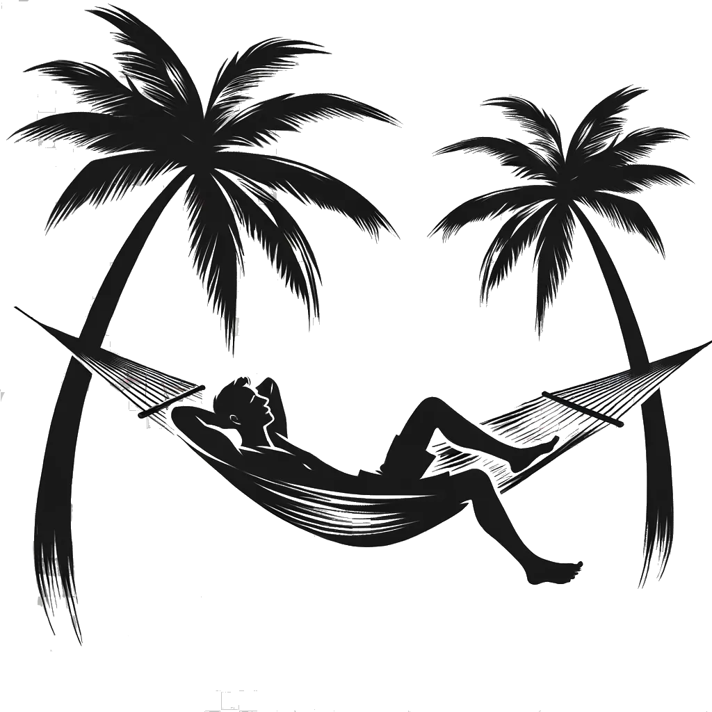 un dibujo de un hombre blanco acostado en una hamaca entre dos palmeras representando el tema de Relajación en blanco y negro.
