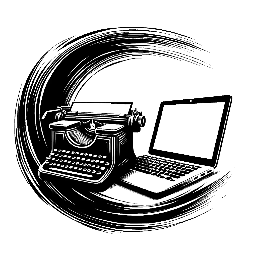 un dibujo de una vieja máquina de escribir junto a un portátil moderno en un escritorio representando el tema de Relevancia en blanco y negro.