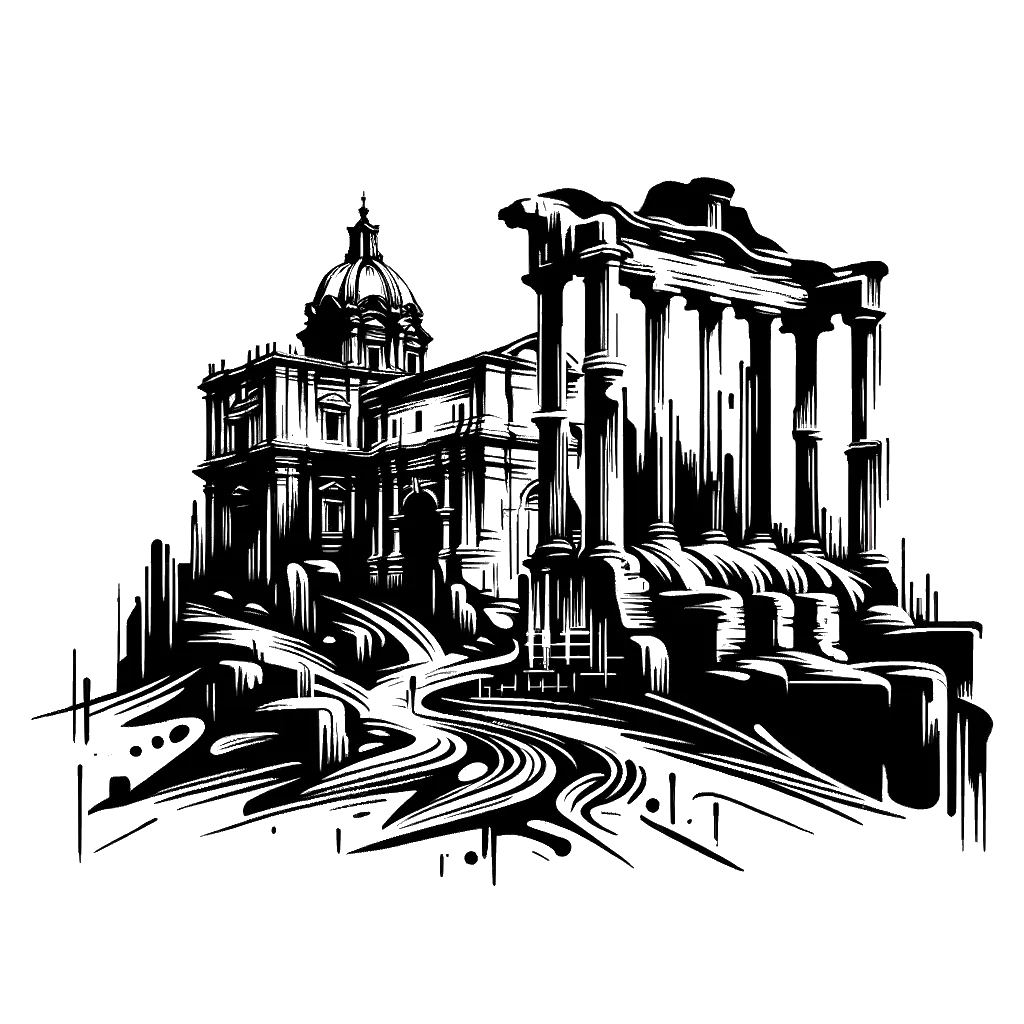 un dibujo de ruinas de la antigua Roma representando el tema de Remanentes en blanco y negro.