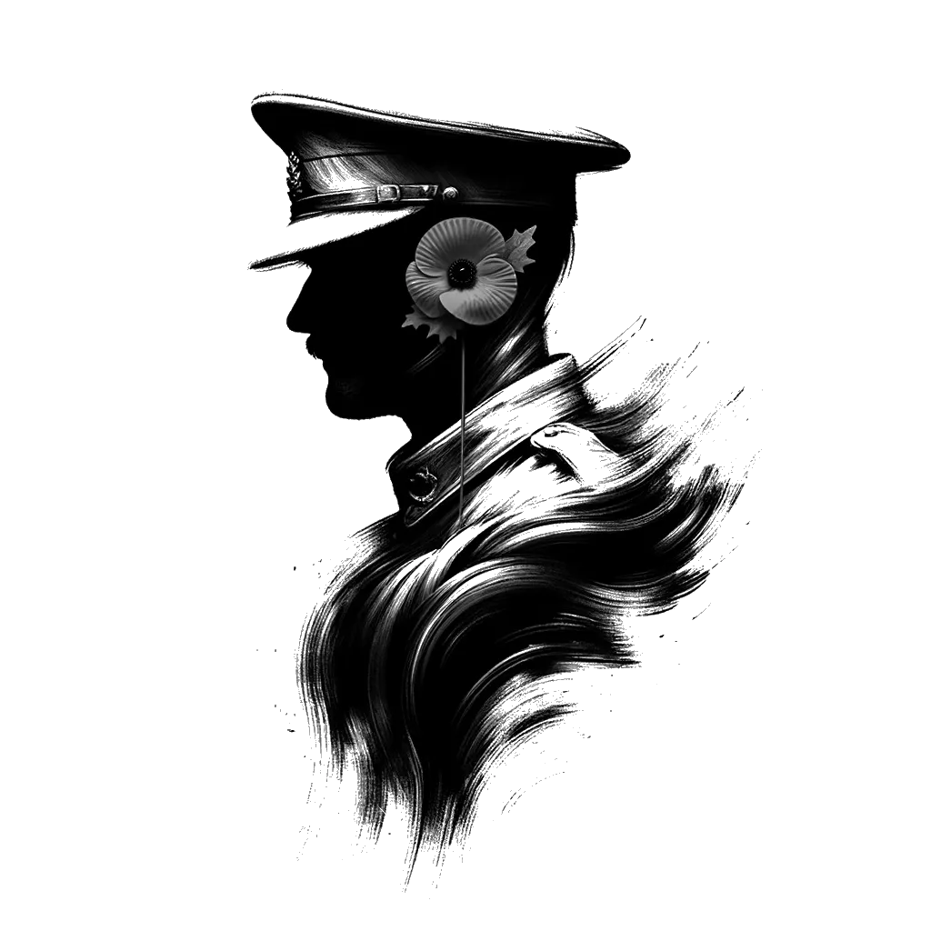 un dibujo de un veterano de guerra blanco llevando una amapola conmemorativa representando el tema de Remembranza en blanco y negro.