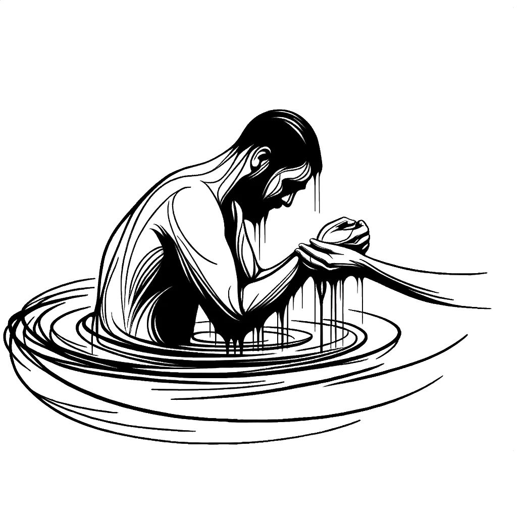 un dibujo de un hombre cristiano siendo bautizado representando el tema de Renacer en blanco y negro.