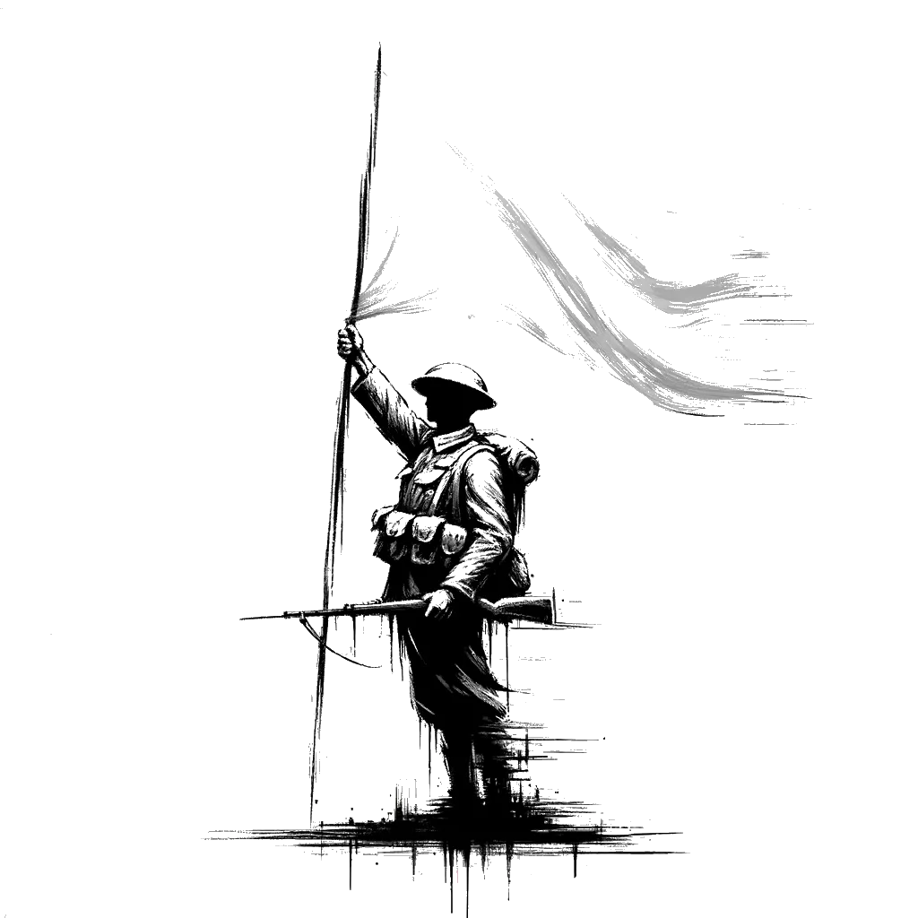 un dibujo de un soldado de la Primera Guerra Mundial agitando una bandera representando el tema de Rendición en blanco y negro.