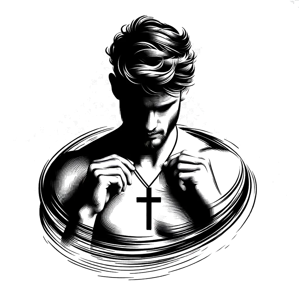 un dibujo de un hombre cristiano blanco poniéndose un collar con una cruz cristiana representando el tema de Renovación en blanco y negro.