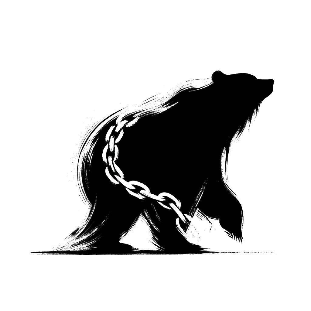 un dibujo de un oso con una pata encadenada representando el tema de Represión en blanco y negro.