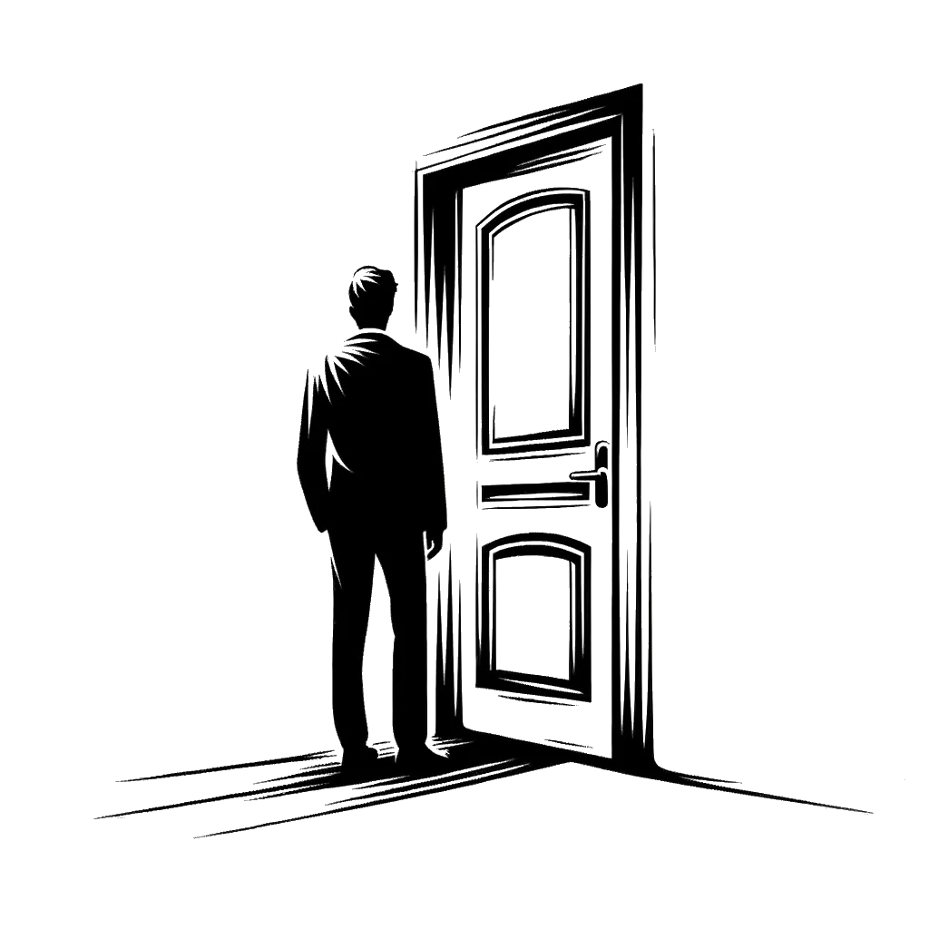 un dibujo de Un hombre blanco estaba de pie frente a una puerta cerrada. representando el tema de Réprobo en blanco y negro.