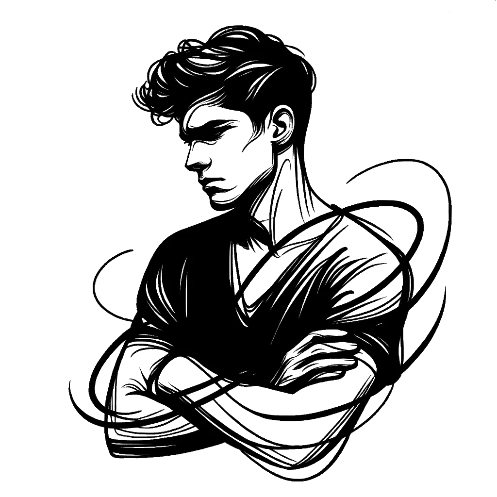 un dibujo de un joven hombre blanco con los brazos cruzados mirando ligeramente molesto representando el tema de Resentimiento en blanco y negro.