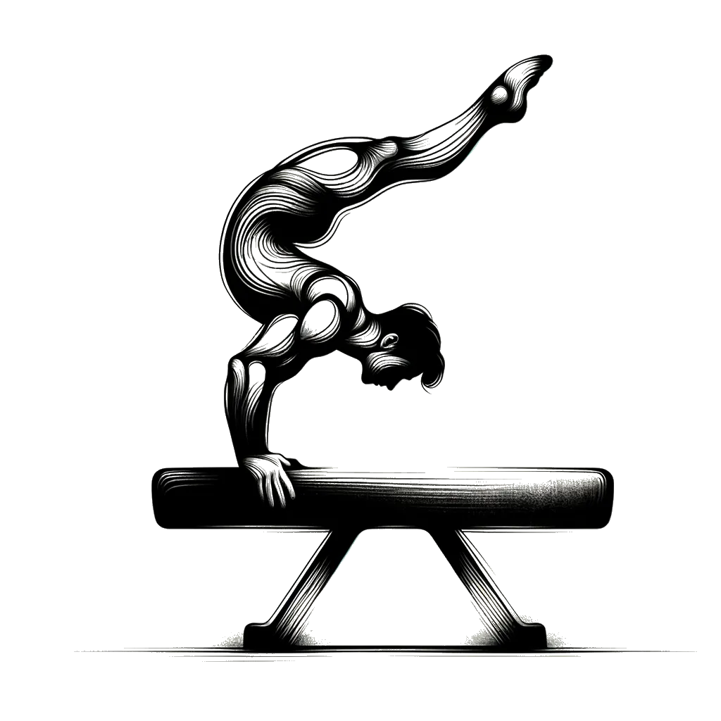 un dibujo de un gimnasta masculino en caballo con arcos representando el tema de Resistencia en blanco y negro.