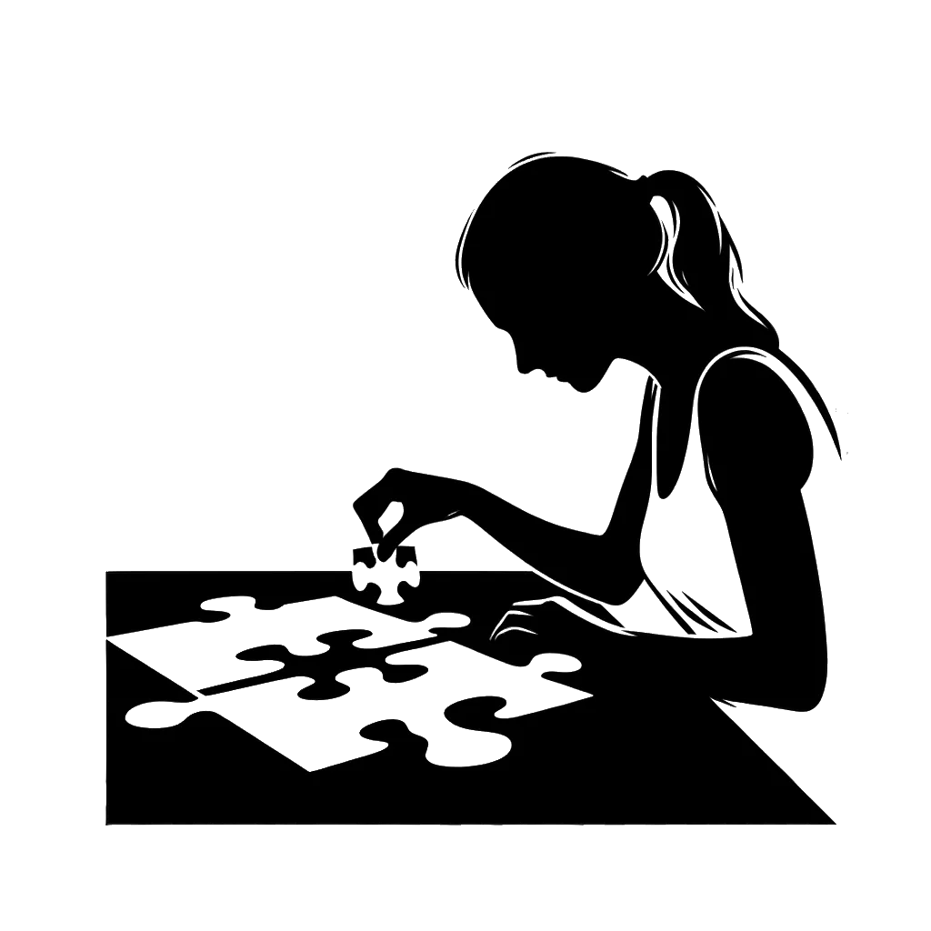 un dibujo de una mujer blanca completando un rompecabezas representando el tema de Resolución de Problemas en blanco y negro.
