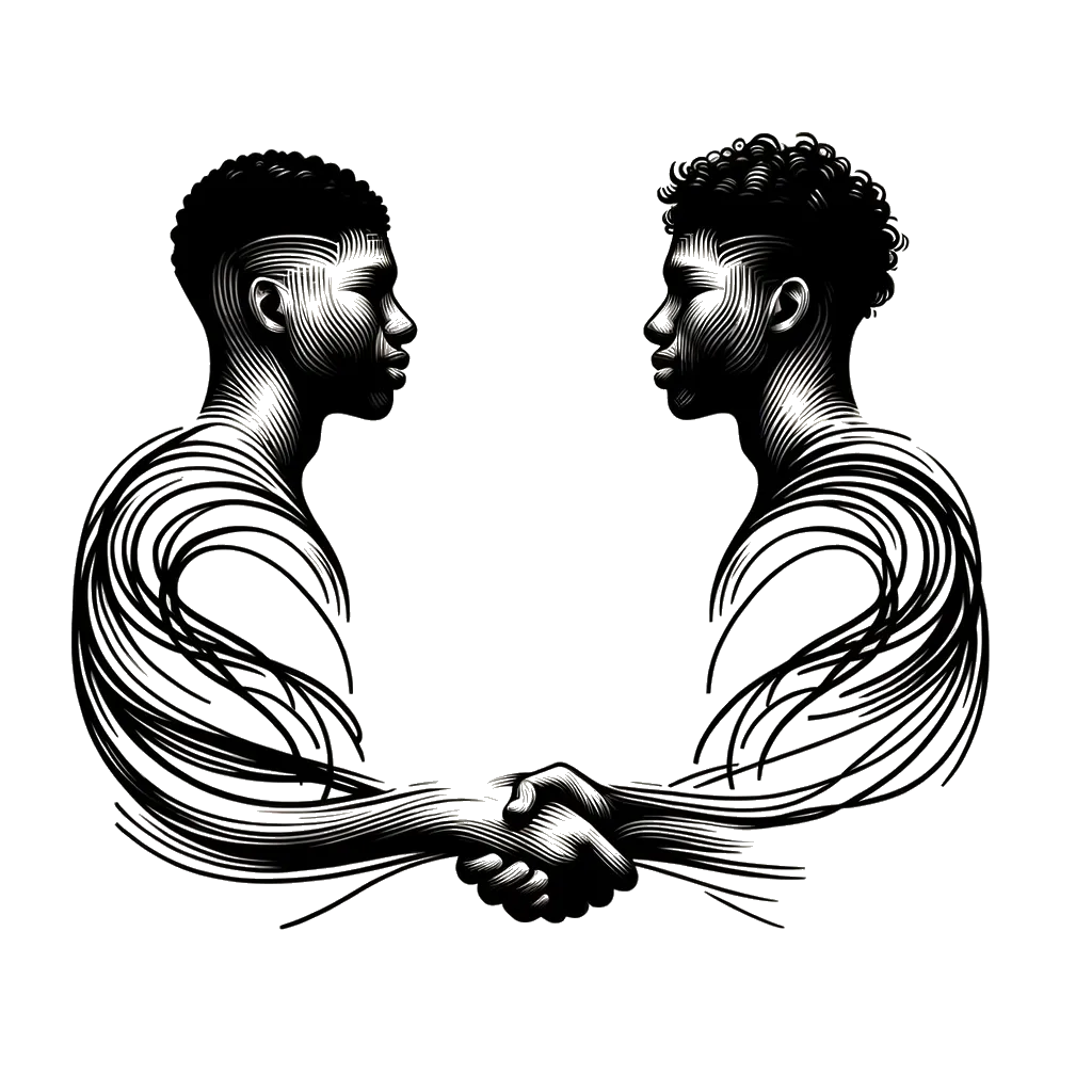 un dibujo de dos jóvenes estrechando manos representando el tema de Resolver Diferencias en blanco y negro.