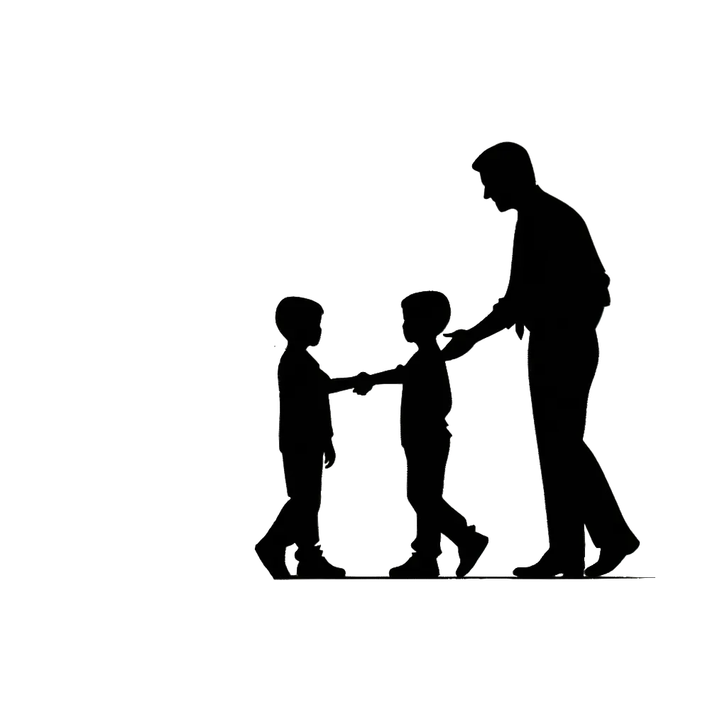 un dibujo de un profesor blanco haciendo que dos jóvenes blancos se den la mano representando el tema de Resolviendo Conflicto en blanco y negro.