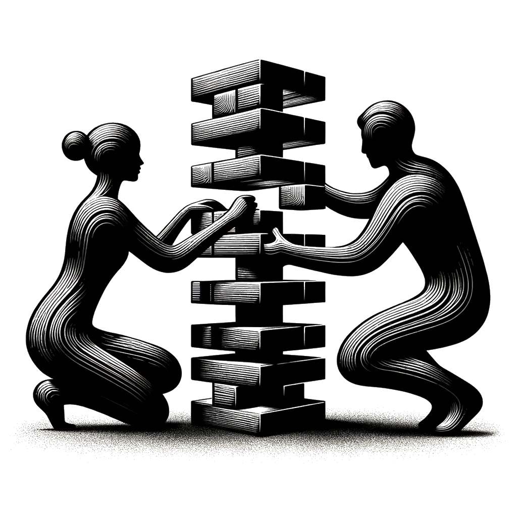 un dibujo de Una mujer y un hombre que estaban jugando a un juego de jenga gigante se levantaron. representando el tema de Resolviendo Problemas en blanco y negro.