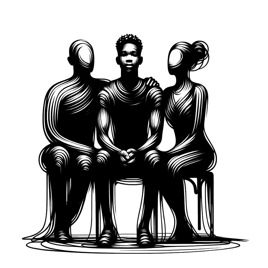 un dibujo de Un joven estaba sentado teniendo una fotografía con sus padres. representando el tema de Respetando tus Padres en blanco y negro.